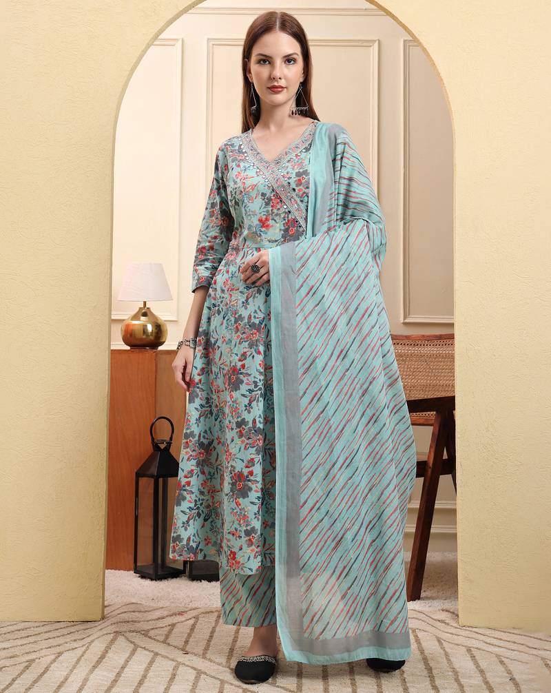 Yufta sky blue pure cotton thread work anarkali kurta trouser dupatta set