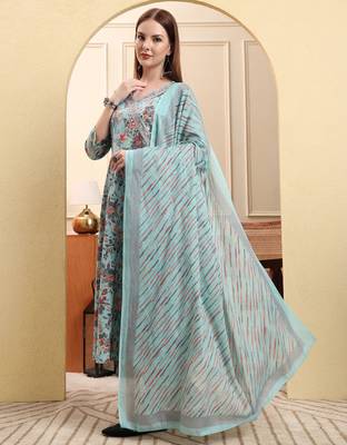 sky blue pure cotton thread work anarkali kurta trouser dupatta set 2