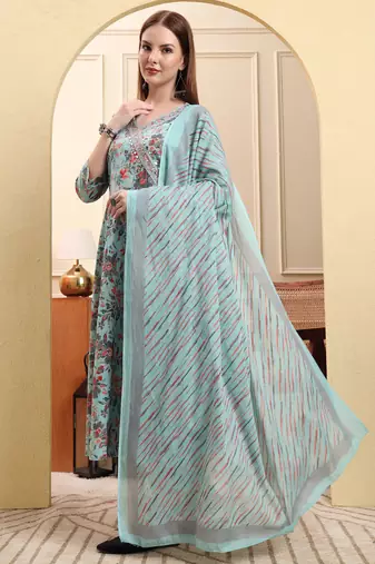 sky blue pure cotton thread work anarkali kurta trouser dupatta set