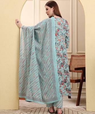 sky blue pure cotton thread work anarkali kurta trouser dupatta set 3