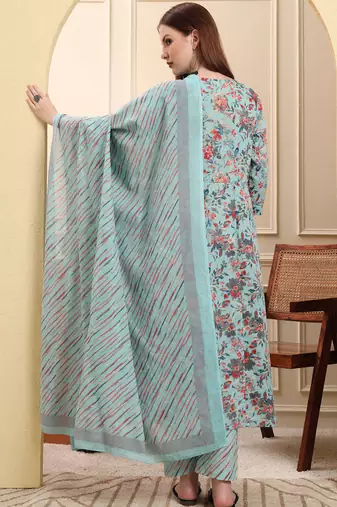 sky blue pure cotton thread work anarkali kurta trouser dupatta set