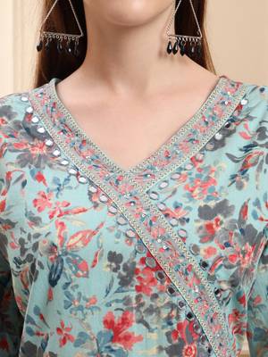 sky blue pure cotton thread work anarkali kurta trouser dupatta set 4