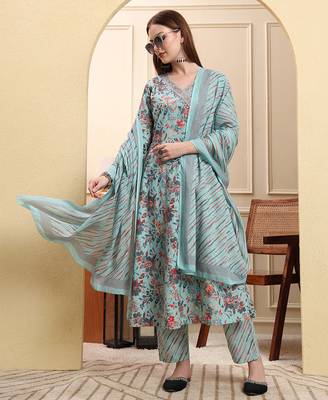 sky blue pure cotton thread work anarkali kurta trouser dupatta set 5