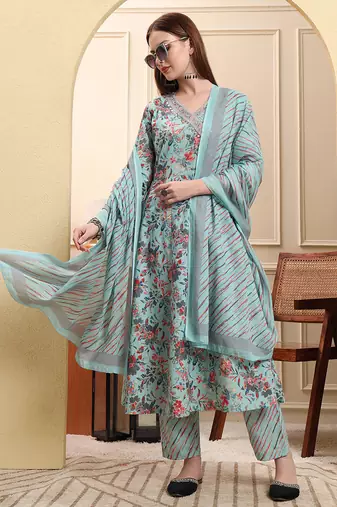 sky blue pure cotton thread work anarkali kurta trouser dupatta set