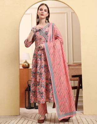 light pink pure cotton thread work anarkali kurta trouser dupatta set 1