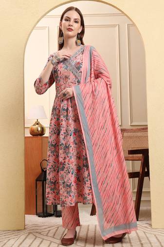 Yufta light pink pure cotton thread work anarkali kurta trouser dupatta set