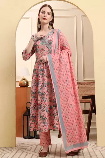 Yufta light pink pure cotton thread work anarkali kurta trouser dupatta set