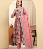 light pink pure cotton thread work anarkali kurta trouser dupatta set