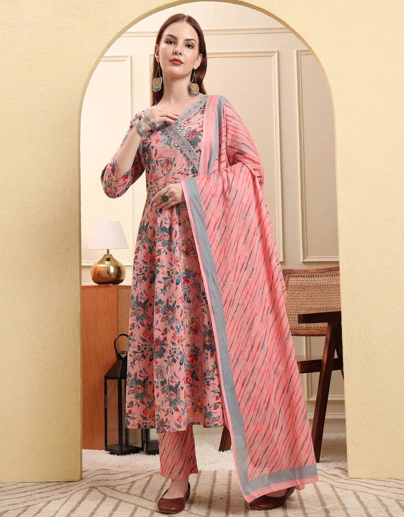 Yufta light pink pure cotton thread work anarkali kurta trouser dupatta set