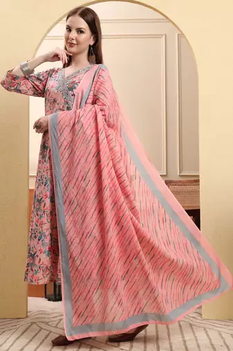 light pink pure cotton thread work anarkali kurta trouser dupatta set