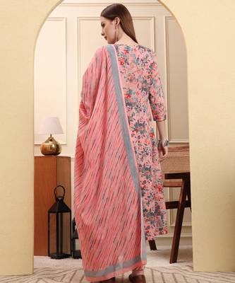 light pink pure cotton thread work anarkali kurta trouser dupatta set 3