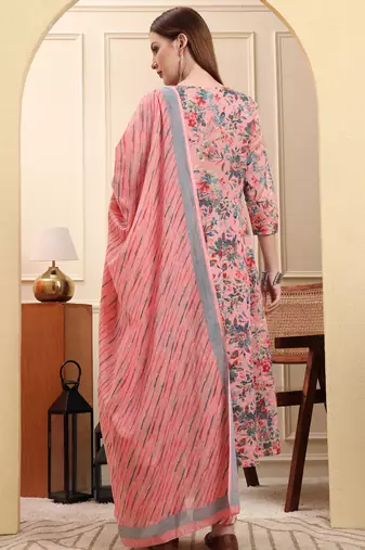 light pink pure cotton thread work anarkali kurta trouser dupatta set