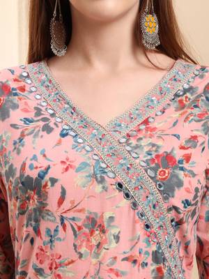 light pink pure cotton thread work anarkali kurta trouser dupatta set 4
