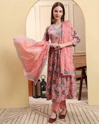 light pink pure cotton thread work anarkali kurta trouser dupatta set 5