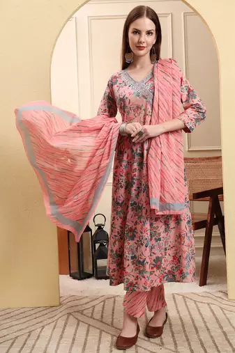 light pink pure cotton thread work anarkali kurta trouser dupatta set