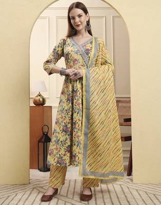 yellow pure cotton thread work anarkali kurta trouser dupatta set 1