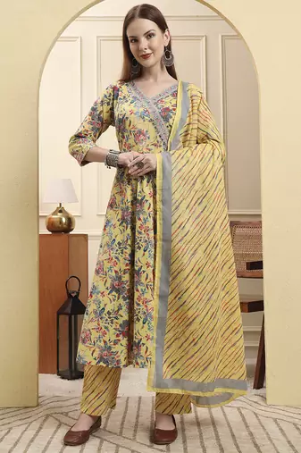 Yufta yellow pure cotton thread work anarkali kurta trouser dupatta set