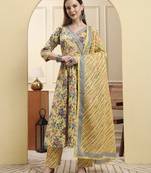 yellow pure cotton thread work anarkali kurta trouser dupatta set