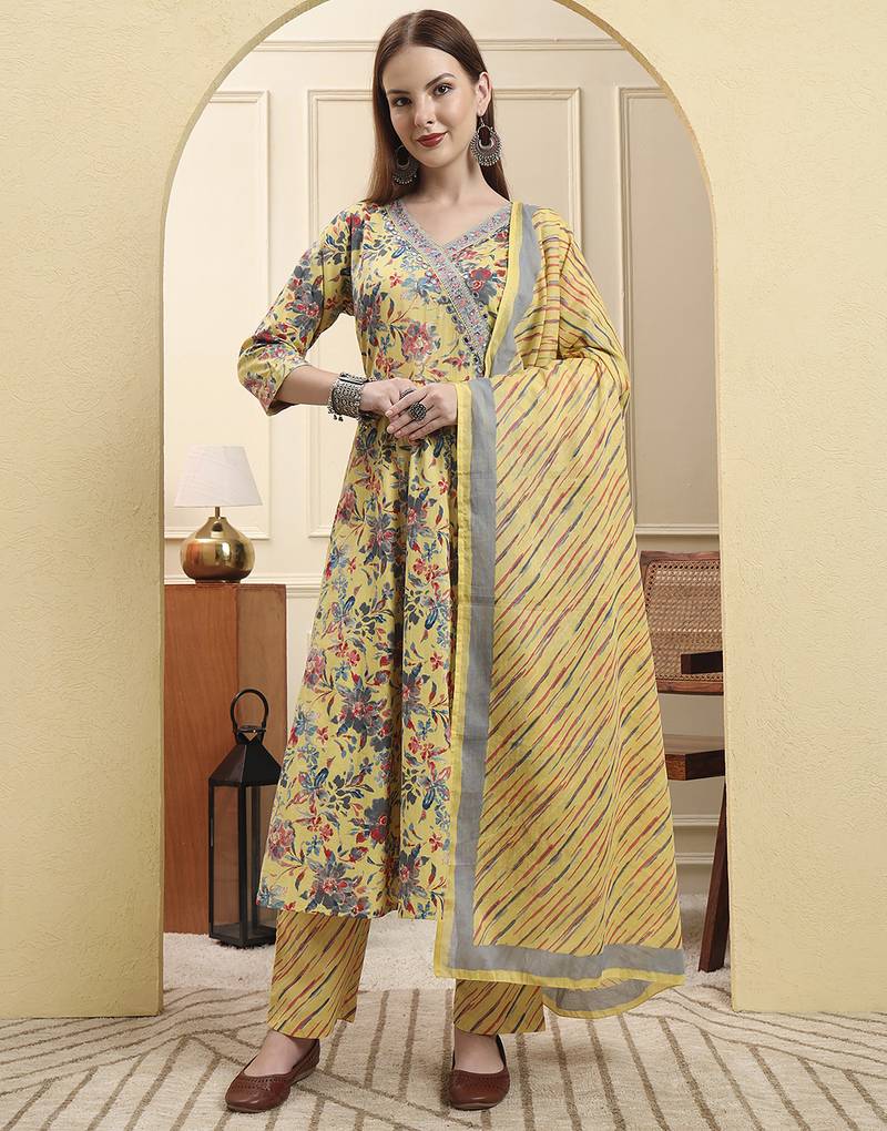 Yufta yellow pure cotton thread work anarkali kurta trouser dupatta set