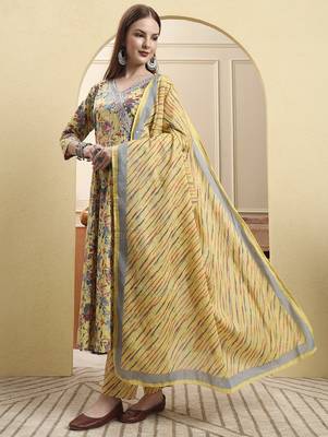 yellow pure cotton thread work anarkali kurta trouser dupatta set 2