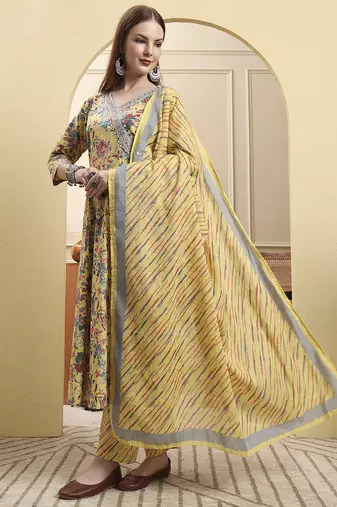 yellow pure cotton thread work anarkali kurta trouser dupatta set
