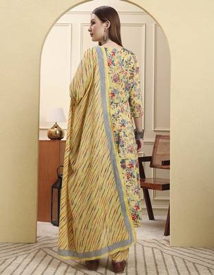 yellow pure cotton thread work anarkali kurta trouser dupatta set 3