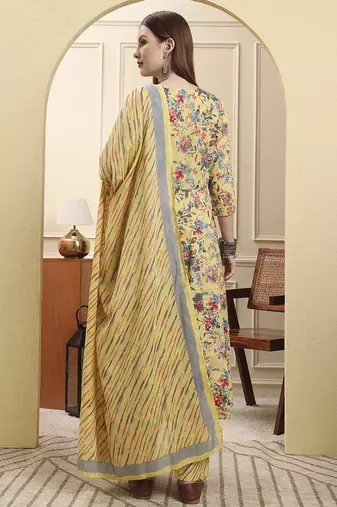 yellow pure cotton thread work anarkali kurta trouser dupatta set