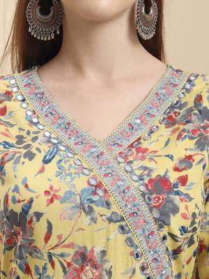 yellow pure cotton thread work anarkali kurta trouser dupatta set 4