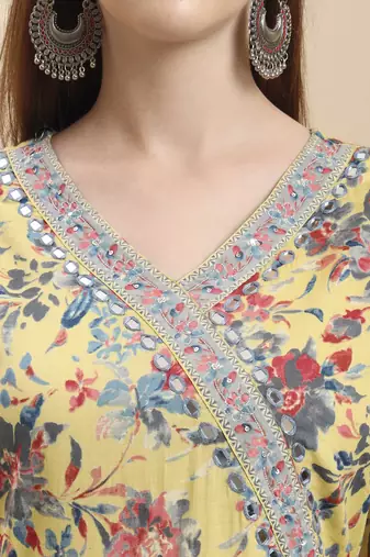 yellow pure cotton thread work anarkali kurta trouser dupatta set