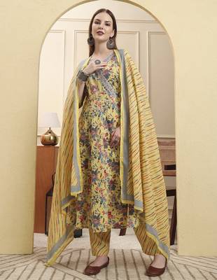 yellow pure cotton thread work anarkali kurta trouser dupatta set 5