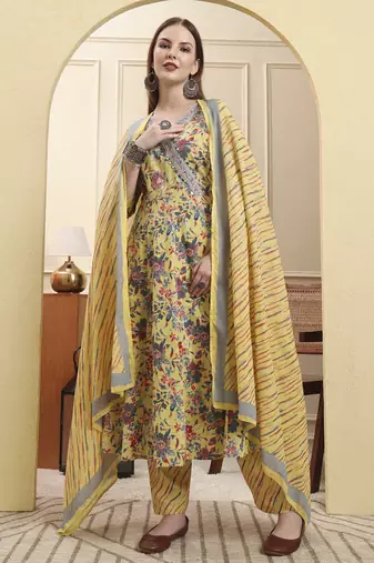 yellow pure cotton thread work anarkali kurta trouser dupatta set
