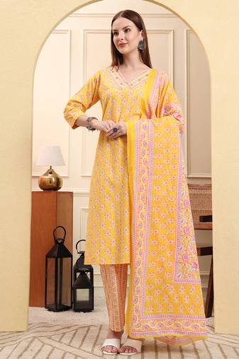 Yufta yellow pure cotton beads and stones straight kurta trouser dupatta set