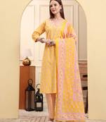 yellow pure cotton beads and stones straight kurta trouser dupatta set