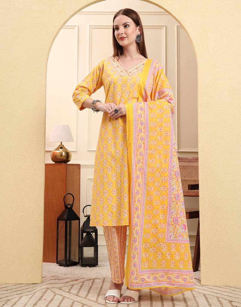 Yufta yellow pure cotton beads and stones straight kurta trouser dupatta set