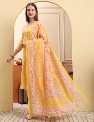 yellow pure cotton beads and stones straight kurta trouser dupatta set 2