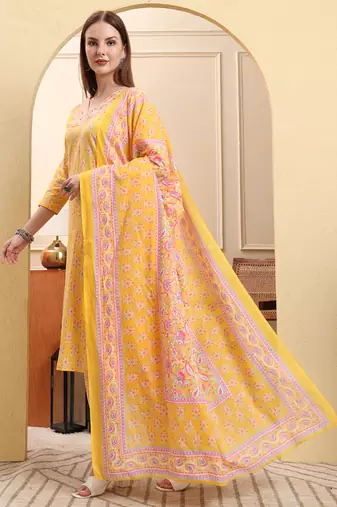 yellow pure cotton beads and stones straight kurta trouser dupatta set