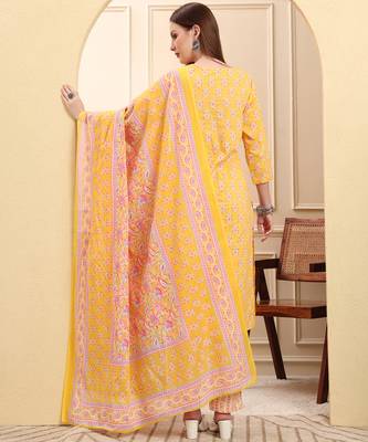 yellow pure cotton beads and stones straight kurta trouser dupatta set 3
