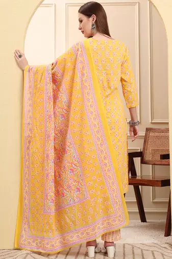 yellow pure cotton beads and stones straight kurta trouser dupatta set