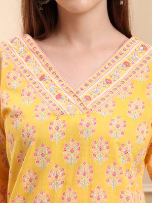 yellow pure cotton beads and stones straight kurta trouser dupatta set 4