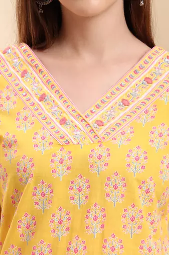 yellow pure cotton beads and stones straight kurta trouser dupatta set
