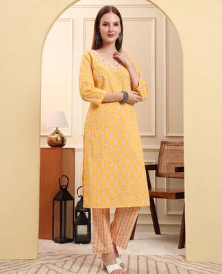 yellow pure cotton beads and stones straight kurta trouser dupatta set 5