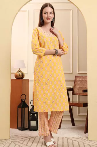 yellow pure cotton beads and stones straight kurta trouser dupatta set
