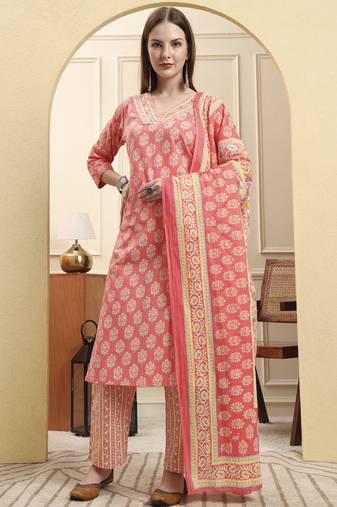 Yufta pink pure cotton beads and stones straight kurta trouser dupatta set