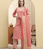 pink pure cotton beads and stones straight kurta trouser dupatta set