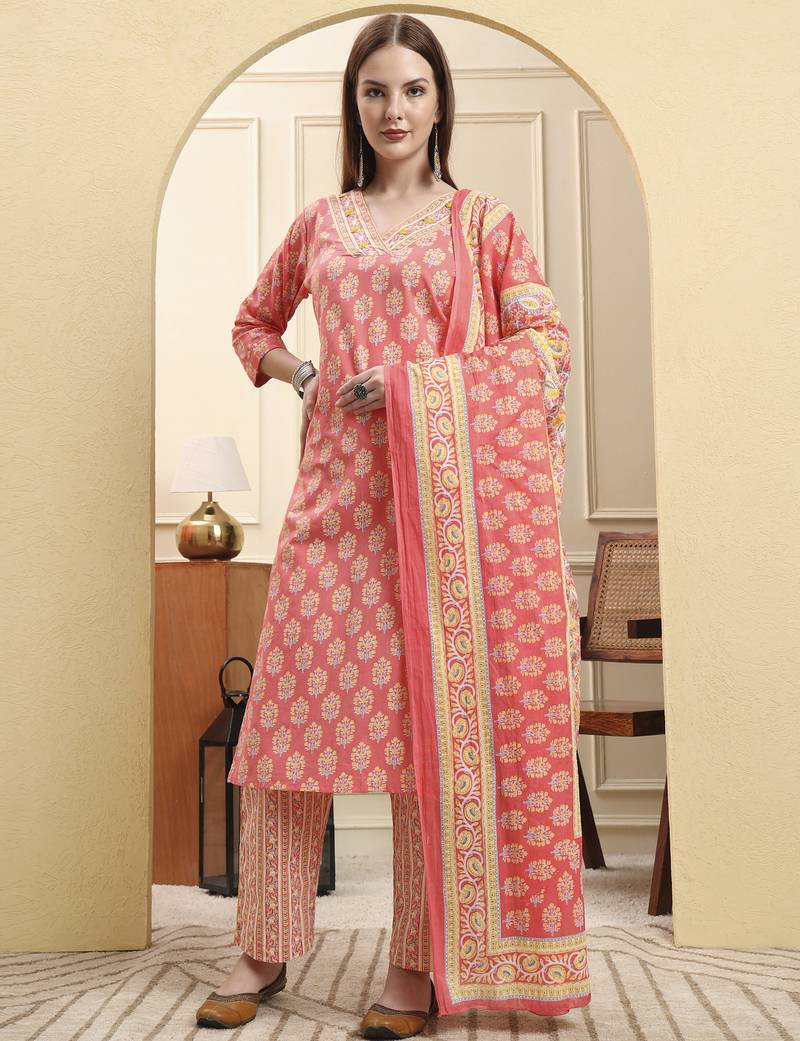 Yufta pink pure cotton beads and stones straight kurta trouser dupatta set