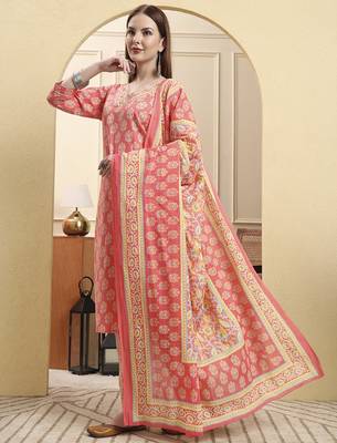 pink pure cotton beads and stones straight kurta trouser dupatta set 2