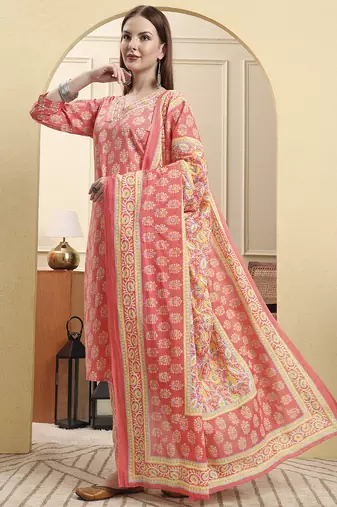 pink pure cotton beads and stones straight kurta trouser dupatta set