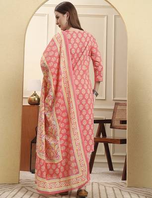 pink pure cotton beads and stones straight kurta trouser dupatta set 3
