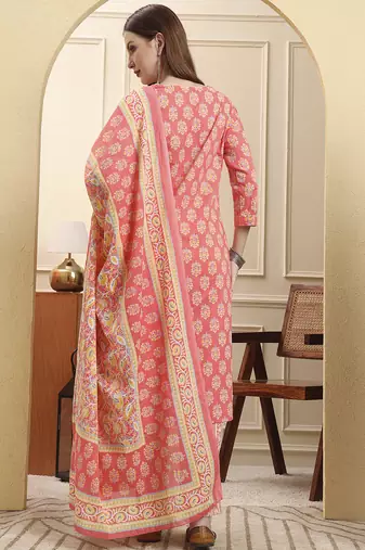 pink pure cotton beads and stones straight kurta trouser dupatta set