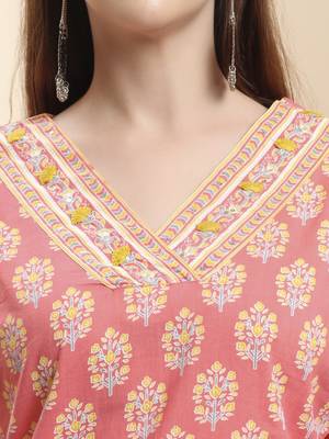 pink pure cotton beads and stones straight kurta trouser dupatta set 4